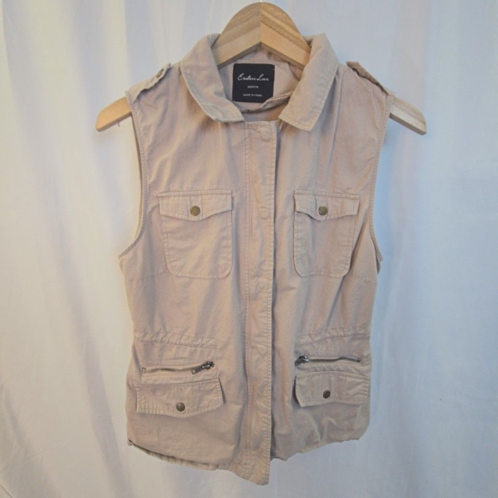 Endless Love Vest Womens Medium Beige Utility Cargo Zip Pockets Elastic Waist